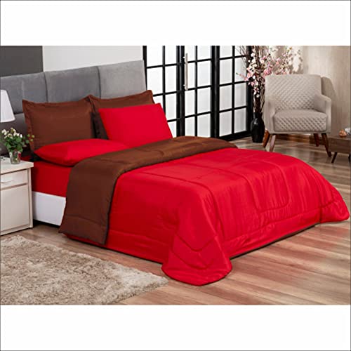 Kit Edredom Casal Queen Jogo de Lençol 06 peças Aconchego Dupla Face Vermelho e Marrom Casa Dona