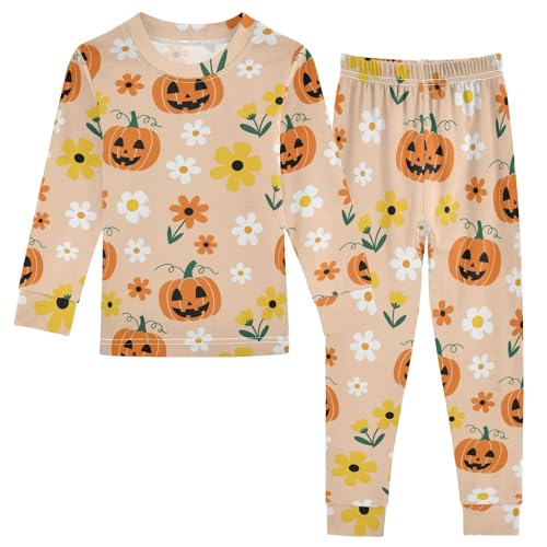 Pajama Sets Long Sleeve Halloween Pumpkins Flowers on Peach Soft Comfy Sleepwear 2 Piece PJS 3-8T