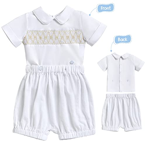 Booulfi Baptism Christening Outfits for Boys, White Baby Boy Summer Shorts Clothes My First Half Birthday Smocked Outfit Wedding Boys Linen Suit 12-18 Months