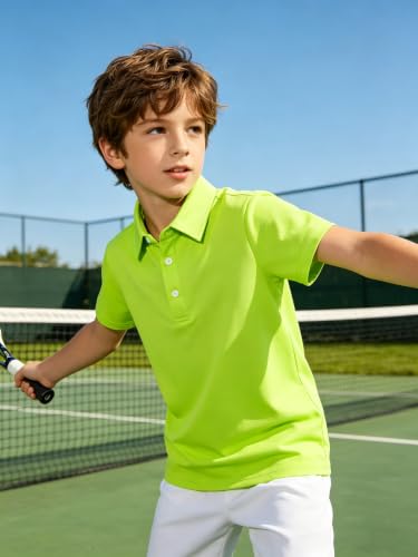 Cozople Boys Polo Shirts Short Sleeve Slim Fit Golf Shirts Moisture Wicking Athletic Casual Kids School Uniform，Neon Green，Size 5-6 — view 2