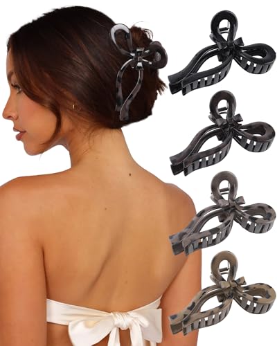 CHLINS 4 PCS Bow Hair Clips Bow Claw Clip for Women Nonslip Large Hair Claw Clips for Thin and Thick Hair Strong Hold Hair Bows (Black+Light Brown+Off-White+Dark Brown)