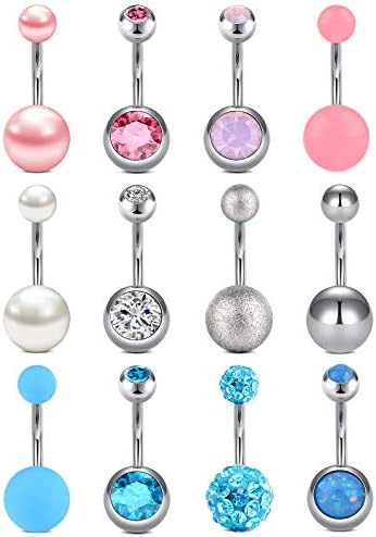 FECTAS Pack of 12 Belly Button Rings 14G 10mm Navel Bars Set Stainless Steel Piercing Jewellery Silver Pink Blue
