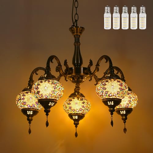 CAutoMart Turkish Moroccan Pendant Light,5-Light Chandelier with Upward Sweeping Arms, Mosaic Hanging Lamp for Bedroom & Living Room Ceiling (PL5130-X7)