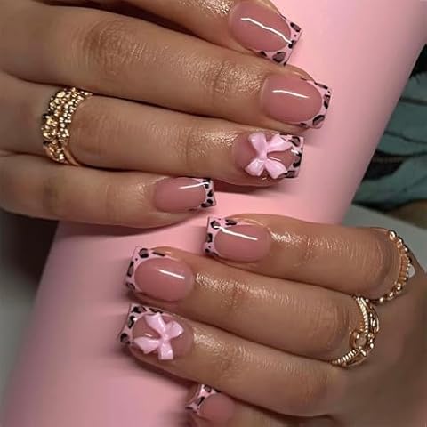 24 Pcs French Tip Press on Nails Short Square - MINGCHUN Fake Nails with Bow Design Leopard French Nails Press ons Cute Bow Stick on Nails Short Square Shape Acrylic Nails Pink Nails for Women Girls Cover