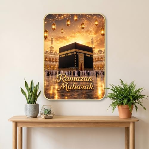 Image of SAF Islamic Ramadan Mubarak Kaaba Wall Painting with Premium PVC Golden Frame, Makkah Mosque Lantern Art, Muslim Religious Home Decor for Prayer Room (13x19 Inch) MG-36044