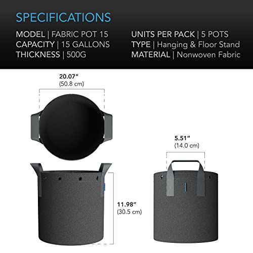Ac Infinity Heavy Duty Fabric Pots, 15 Gallon Aeration Reusable Grow Bags 5-Pack With 500G Thick Nonwoven Fabric And Multi-Purpose Rings, For Plant Hanging And Low Stress Training #TOP5