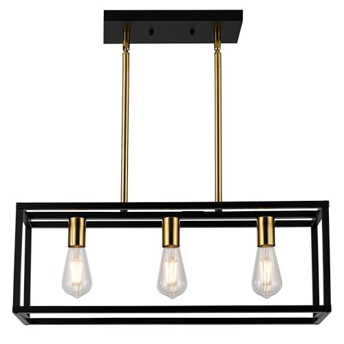 HQZBPT Farmhouse Kitchen Island Lighting, Modern Industrial Chandelier, 3-Light Black&Brushed Brass Linear Rectangular Pendant Light Fixtures for Farmhouse Kitchen Dining Room Bar Foyer