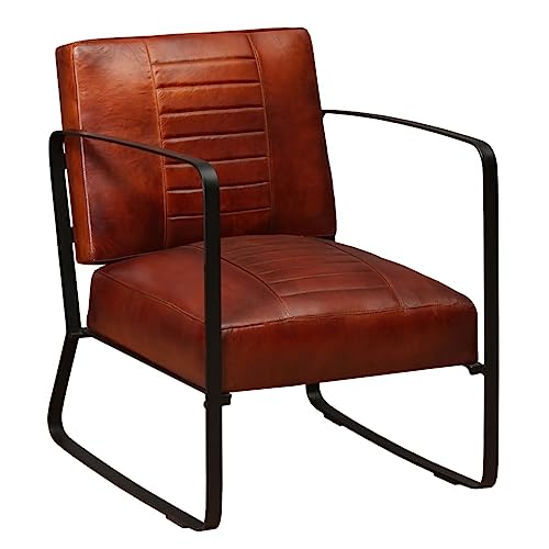 Brown Genuine Leather Lounge Chair, 60x64x74 cm Industrial Steel Frame Armchair, Foam Padded Seating for Living Room, Easy Assembly