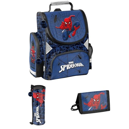 PASO Schulranzen Set 3 TLG. - Mit Faulenzer Federmappe & Portemonnaie - Spider-Man