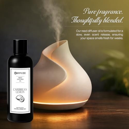 Image of DIFFUZE Caribbean Lemon Essential Oil Reed Diffuser Refill with 10 Fibre Reed Sticks | Citrus Aroma Oil, Fragrance Oil & Diffuser Oil for Home Fragrance | Essential Oil Diffuser for Home