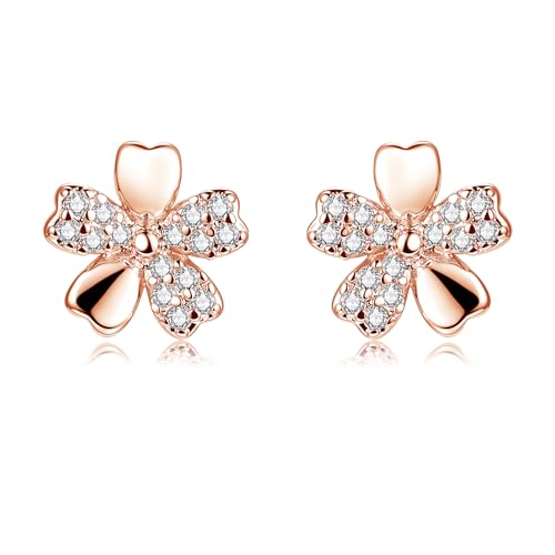 Image of Cangall Rose Gold Earrings for Women Girls, 925 Sterling Silver Cherry Blossom Stud Earrings, Trendy Dainty Small Cartilage Silver Flower Earrings Jewelry Gifts for Daughter Little Sister Birthday