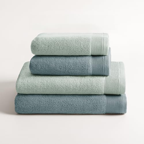 BOHEME | Juego de 4 Toallas de Ducha Bicolor Harmony | Azul Hielo y Agua | 2 (50x100) + 2 (70x140) | 100% Algodón Zero Twist | 600 g/m² | Suaves, Absorbentes y de Secado Rápido | Lavables a Máquina