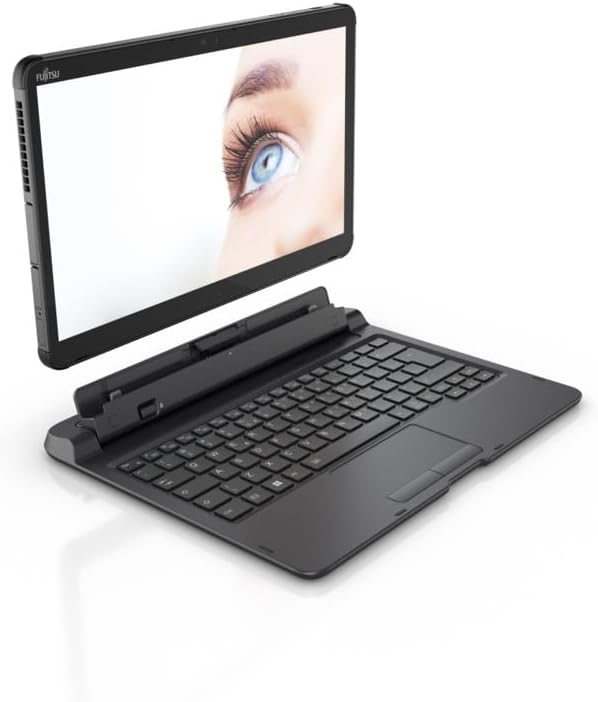 Fujitsu Stylistic Q7312 tablet with detachable keyboard, viewed from an angle.
