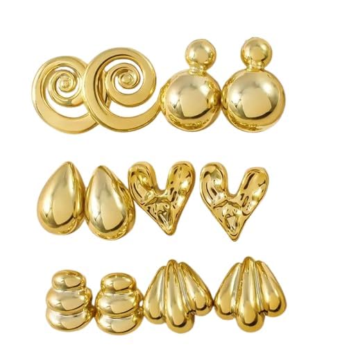 Chunky Gold Hoop Earrings for Women | Fancy Korean Anti-Tarnish, Lightweight Statement Studs Hoops | Trendy Gold-Plated Earrings for Office, Everyday & Casual Looks Set Of 6-image-43