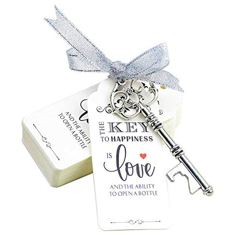 Aokbean 52pcs Antique Skeleton Key Bottle Opener Wedding/Party Favor Guest Souvenir Gift Set with Escort Thank You Tag Card and Ribbon(Antique Silver) Cover