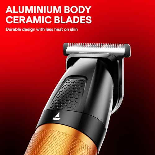 Image of boAt Slazer K100+ Full Body Trimmer for Men, 200 Min Run-Time, Stainless Steel + Ceramic, IPX6, Beard, Body, Nose, Type C, MultiGroomer, Battery Display & Travel Lock, All-in-one (Blaze Orange)