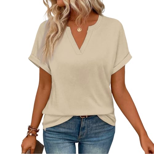Going Out Tops for Women Short Sleeve Shirts Dressy Casual Blouses Spring Summer Vacation Tops Fashion Clothing（1-Beige,XX-Large）
