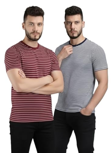 Image of URGEAR Men's Pack of 2 Cotton Blend Striped Round Neck T-Shirt
