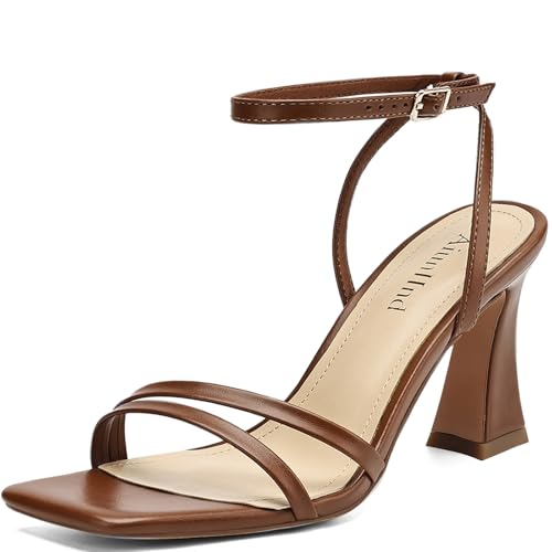 AIUNIIND Chunky Block Heels for Women, Square Open Toe Heeled Sandals, Strappy Ankle Strap Shoes for Daily, Dress, Party, Prom, Light Brown, Size 9.5