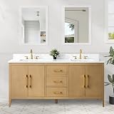 HOMEBEYOND 72 Inch Bathroom Vanities with Sink & Ceramic Top, Double Vanity Cabinet with Basin, Solid Wood Frame, Soft-Closing Doors & Golden Brushed Hardware, Natural Oak