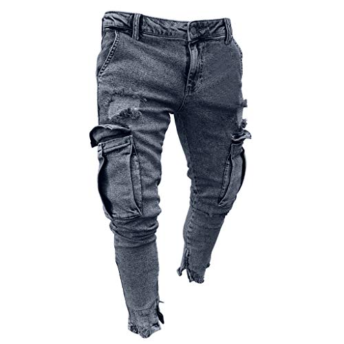 Asibeiul Mens Fashion Causal Denim Long Pants Ripped Jeans Slim Fit Skinny Hole Pocket Zipper Shredded Destroyed Trousers (L, Gray)