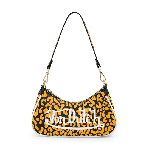 Von Dutch Purse Shoulder Bag, Women's Shoulder Handbags Logo Print and Gold Chain with Wrench Charm (Orange Cheetah)