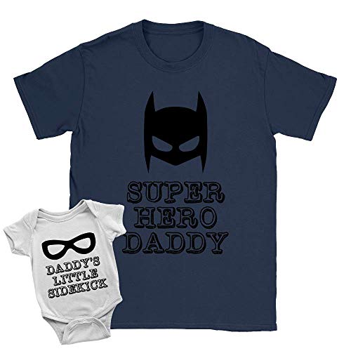 Superhero Daddy + Sidekick Duo Babygrow and T-Shirt 3-6m Babygrow | Medium T-Shirt White + Navy New Baby Arrival Father Gift