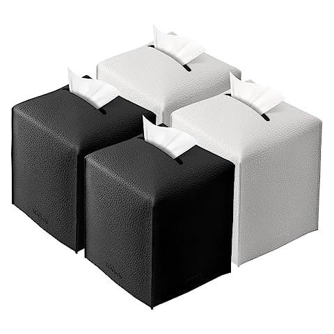 Tissue Box Cover, Tclouda, Modern PU Leather Square Tissue Box Holder for Creative Decorative, 4 Pack, Ideal for Bathrooms/Office/Nightstand Tent/Dining Table, 5"X5"X5", 2 Black&2 White Cover