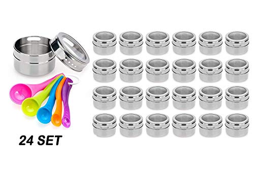 Nellam Stainless Steel Magnetic Spice Jars - Bonus Measuring Spoon Set - Airtight Kitchen Storage Containers - Stack on Fridge to Save Counter & Cupboard Space - 24pc Organizers