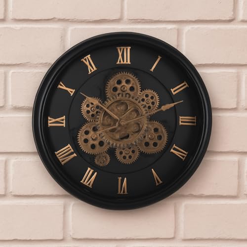 Jack Stonehouse JSH 40.5cm Black & Gold Gears Wall Clock | Modern Steampunk | Silent Movement Decorative for Living Room Bedroom Office Home Décor