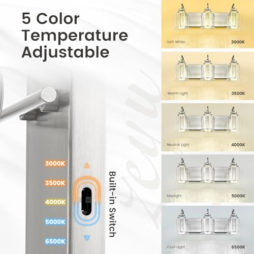 Image of zeyu 18W Modern LED Vanity Light Fixture, 3 Light Bathroom Wall Sconce with 5 Color Modes, Brushed Nickel Finish with Crystal Bubble and Clear Glass, ZSL72B-3W LED BN