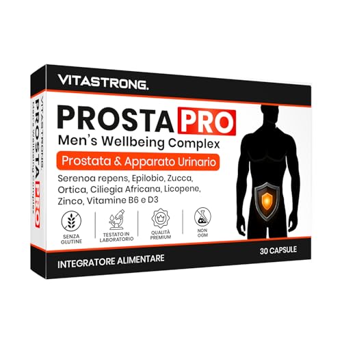 Prostapro Vitastrong, Integratore Prostata Uomo Con Serenoa Repens 45%, Zucca, Ortica, Epilobio, Pygeum, Licopene, Zinco, Vit B6 E D3, Benessere Vie Urinarie, 1 Capsula/Giorno, Senza Glutine/Lattosio