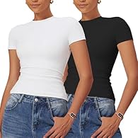 Crew neck design: This Women's basic slim fit t-shirts feature a crew neck design. In terms of comfort, the crew neck design is relatively loose, which can reduce the constraint of the collar on the neck and make the wearer feel more comfortable. In ...