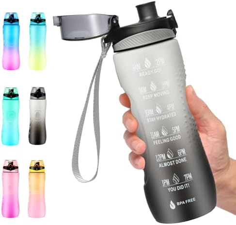 Binudum Trinkflasche Motivations Wasserflasche mit Zeitmarkierung, Sport Tritan BPA freie auslaufsichere Wasserflasche für Jugendliche, Erwachsene, Fitnessstudio (Grau Schwarz, 25o