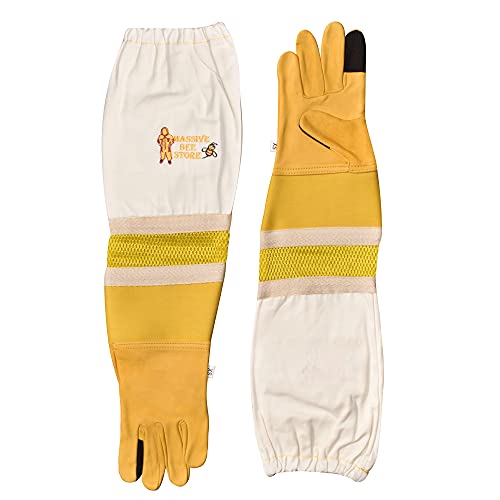 Massive Bee Cowhide Beekeeping Ventilated Cowhide Leather Gloves Yellow Rubber Cuff Then Yellow Mesh with Off white jeans (Extra Large, TouchScreen Gloves)