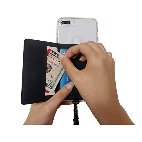 Image of Tainada Stick On Flip Phone Wallet with Phone Detachable Neck Lanyard & Built-in Stand, Adhesive Cash Credit Card Holder with Wooden Laser Engraved Design + One Cord Wrapper (Rose Red)