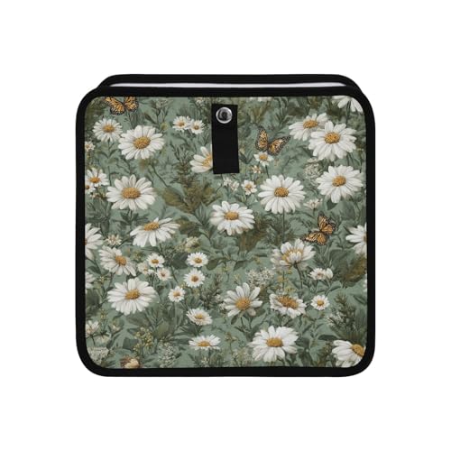 Image of Car Trash Can Organizer Bin with Adjustable Strap for Back Front Seat Console Waterproof Leakproof Collapsible Portable 11 Inch Summer Daisy Butterfly Green