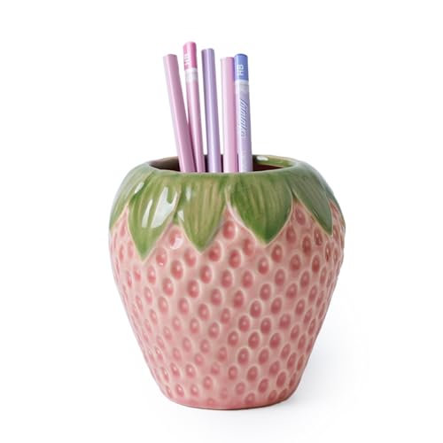 Sixbaola Strawberry Pencil Holder, Cute Pen Holder for Desk, Ceramic Pen Holder, Stand Makeup Brush Holder, for School, Home, Office Desk Decor(Pink)