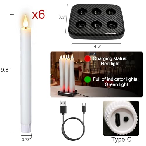 Image of GenSwin Rechargeable Flameless Taper Candles with Charging Base, 6 Pack White LED Taper Candles Battery Operated with 2 Remote Timer, Real Wax Flameless Candlesticks for Holiday Christmas Home Decor