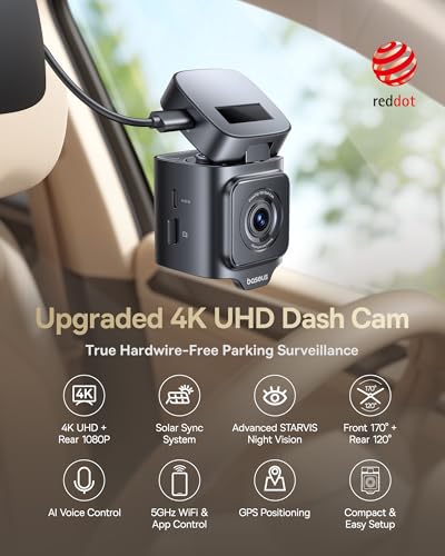 image for Baseus VD1 Pro Solar Dash Cam Front and Rear, 4K+1080P Dash Camera for