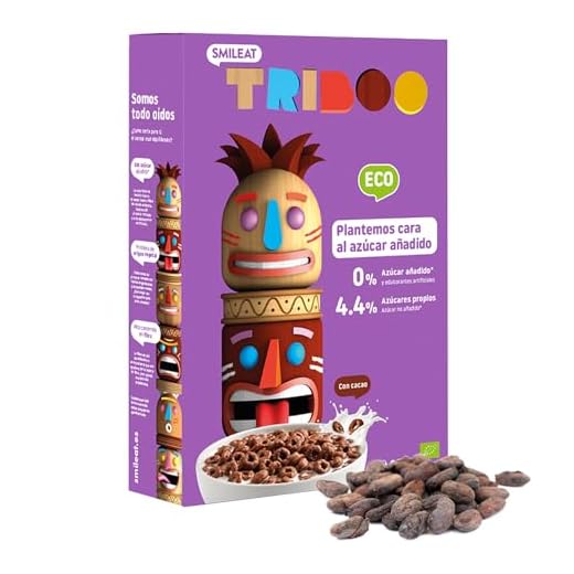 Smileat TRIBOO | Cereales Ecológicos e Integrales para Niños | Sabor a Cacao | Hechos con Ingredientes 100% Naturales | Sano y Saludable | Merienda Sana | 300g