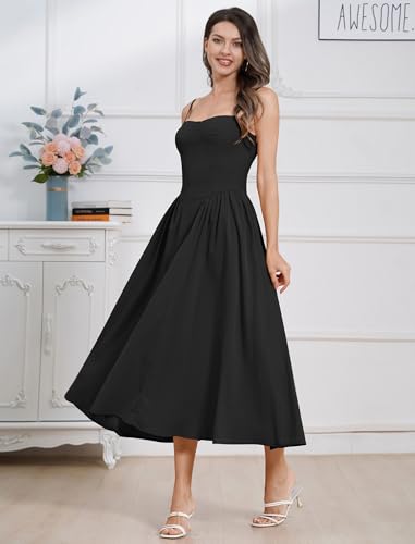 Image of ABEHIK Women Floral Corset Dress Boho Spaghetti Strap Lace Up Casual Midi Dresses with Pockets Low Cut Flowy Bustier Sundress