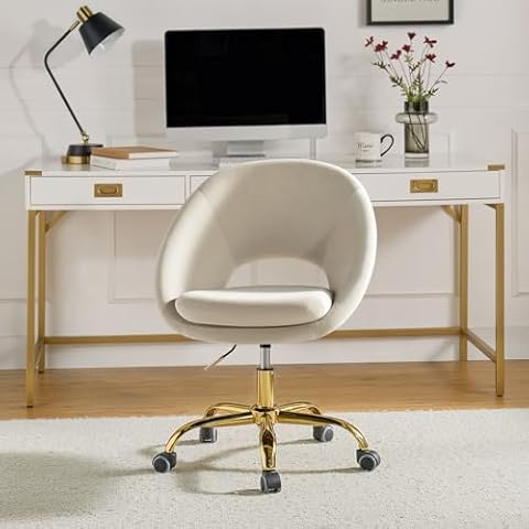 TINA'S HOME Modern Velvet Office Chair with with Adjustable Swivel, Comfy Upholstered Desk Chair with Open Back, Small Cute Chair for Living Room Study Vanity, Tan Cover