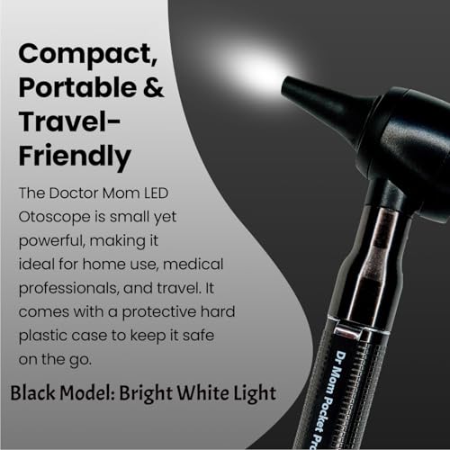 Image of 4th Generation Doctor Mom LED Pocket Pro Otoscope with Both Adult and Pediatric Disposable Specula Tips, Battery, and Protective Hard Plastic Case - Black