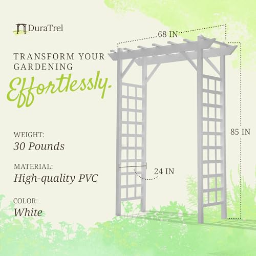 Dura-Trel Providence Arbor, 64 by 85 Inch PVC Patio Garden Arch, Outdoor Lattice Frame Decoration or Trellis for Climbing Plants, White