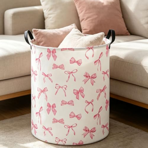 Image of 19.7 inch Laundry Basket,Dirty Clothes Hamper,Waterproof Storage Bin(Pink Bowknot)