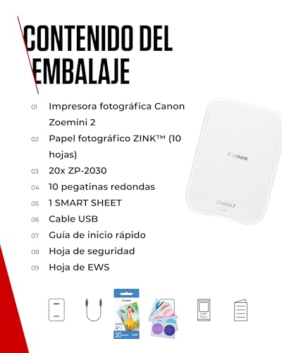 Miniatura 7 de Canon Kit Zoemini 2 Impresora Fotográfica Papel Fotográfico Zink 20 Piezas Papel Zp-2030 20 Hojas 10 Adhesivos Circulares Para Smartphone, Usb C, Bluetooth, Impresión Móvil Blanco Perla