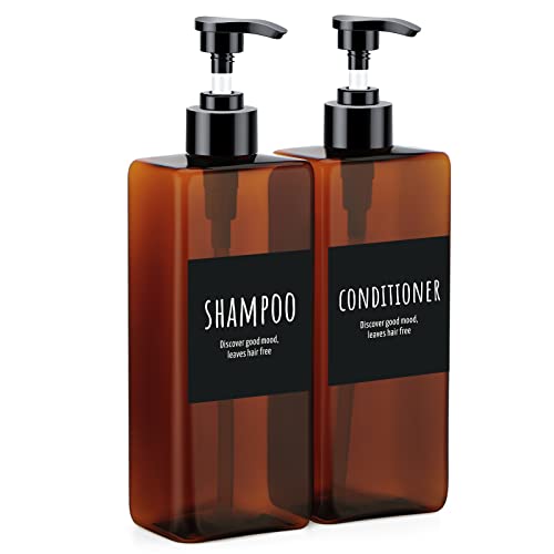 Segbeauty Shampoo and Conditioner Dispenser, 2 Pack of 16.9oz Refillable Soap Dispensers, 500ml Empty Plastic Pump Press Bathroom Shower Bottles for Liquid Soap Lotion Gel Essential Oil Amber