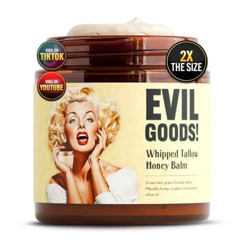 EVIL GOODS Whipped Beef Tallow and Manuka Honey Balm, 4oz, Unscented, Grass Fed Grass Finished Organic Face Cream, Moisturizer, Body Lotion, Skin Care and Lip Balm