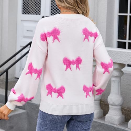 Image of Women Cute Bow Knit Sweater Y2k Long Sleeve Crew Neck Knitted Pullover Top Oversized Going Out Fall Winter Knitwear